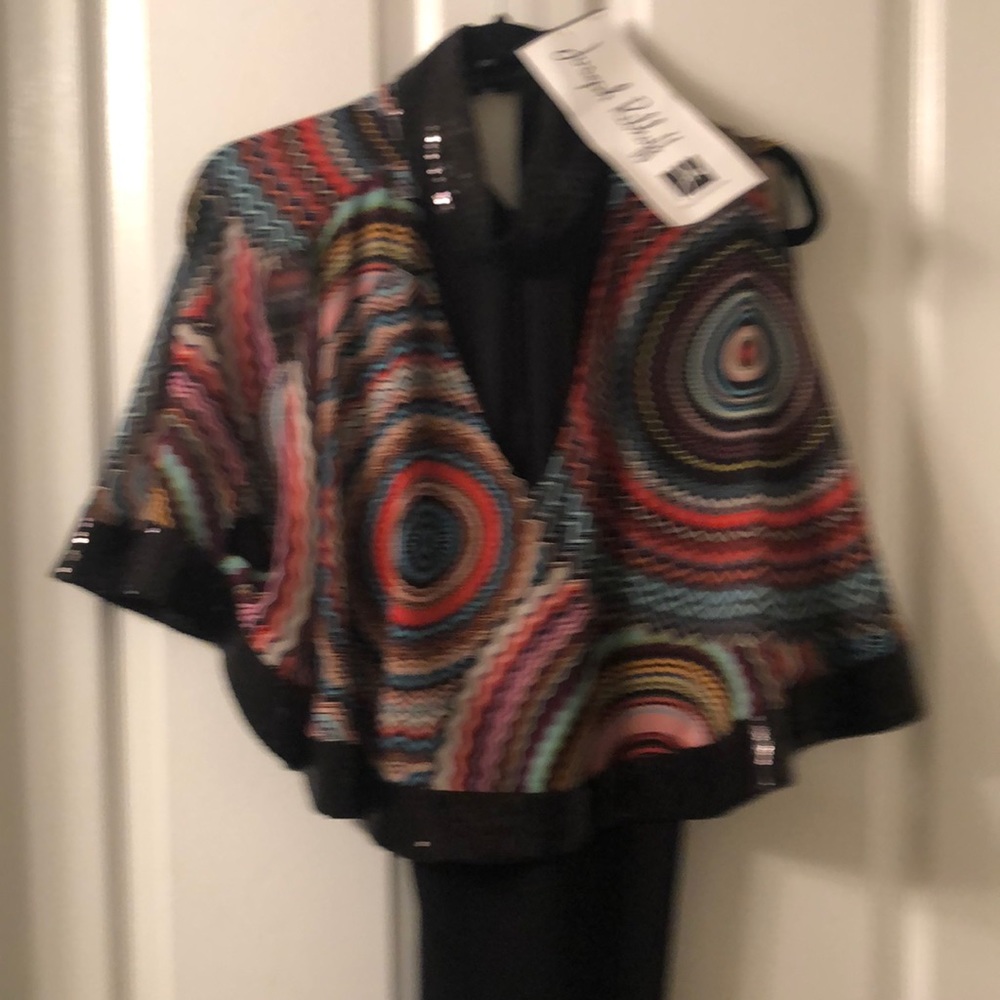 Joseph Ribkoff black dress with colorful top